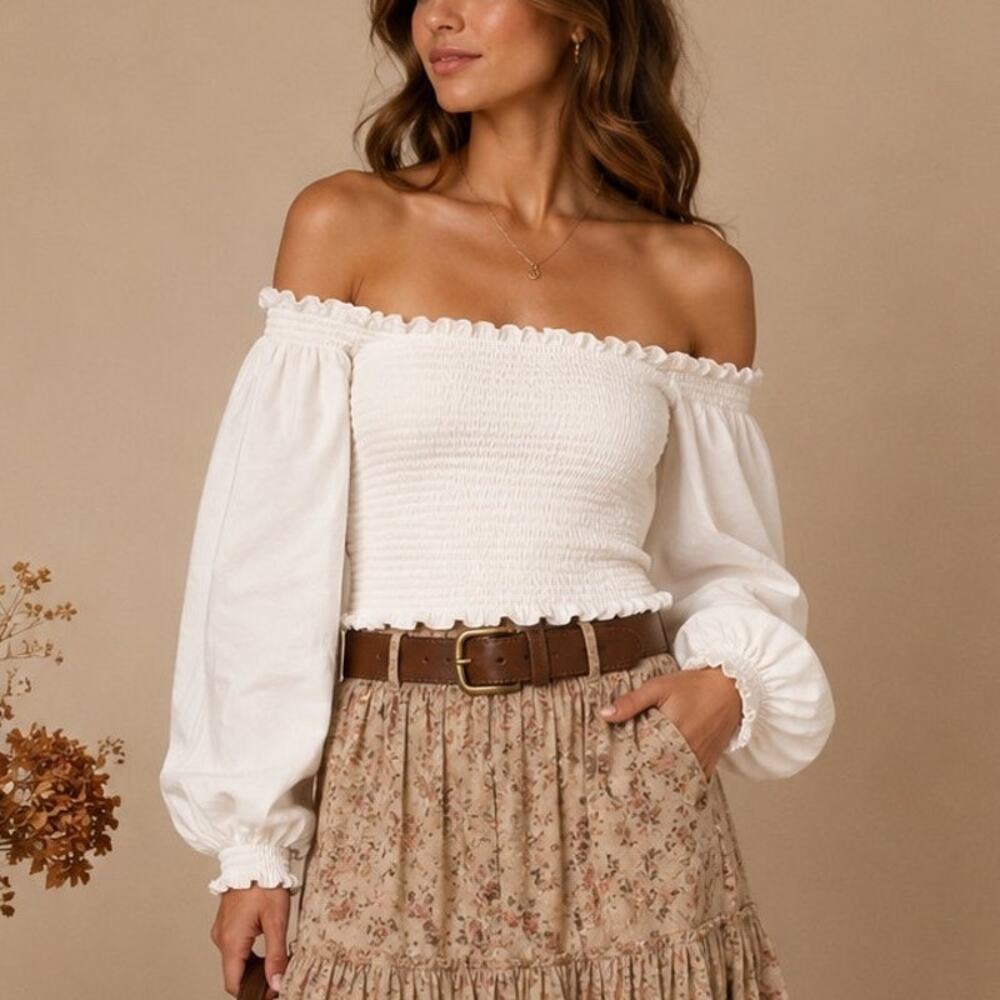 NWT Something Navy Off Shoulder Smocked Top Size XXL White Cottage Coquette